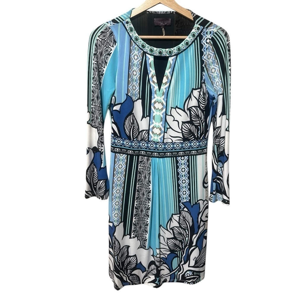 EUC - Hale Bob Long Sleeve Dress - Size S - blue, black, white